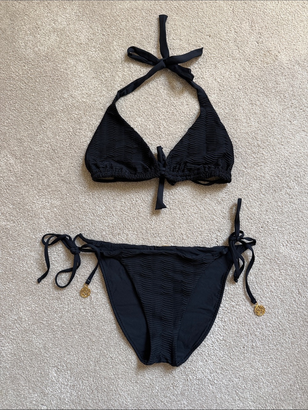 Luli Fama Black Textured Tie-Side Bikini Set